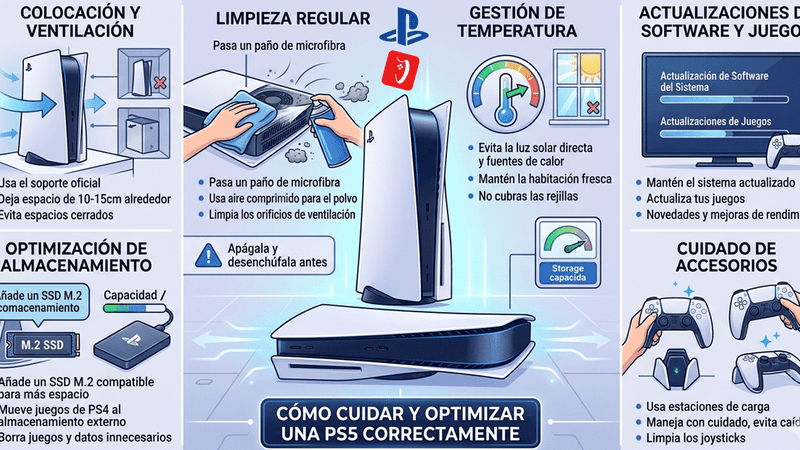 Infografía detallada con 6 pasos para optimizar una PS5: limpieza de ventilación, actualización de software, ajustes de video HDR, instalación de SSD M.2, uso de la app Pleyx para monitoreo y configuración de Audio 3D.