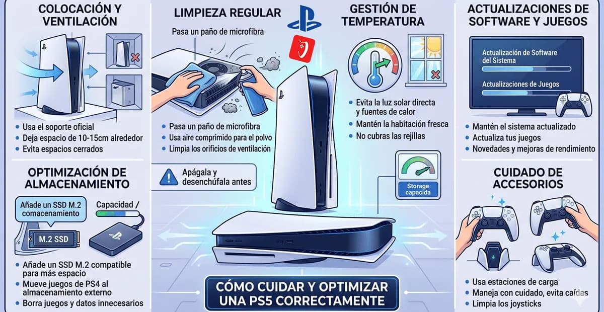 Infografía detallada con 6 pasos para optimizar una PS5: limpieza de ventilación, actualización de software, ajustes de video HDR, instalación de SSD M.2, uso de la app Pleyx para monitoreo y configuración de Audio 3D.