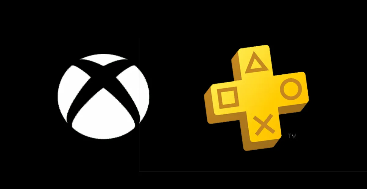 White Xbox logo on black background beside a yellow PlayStation-style cross with triangle, square, circle, and X symbols.