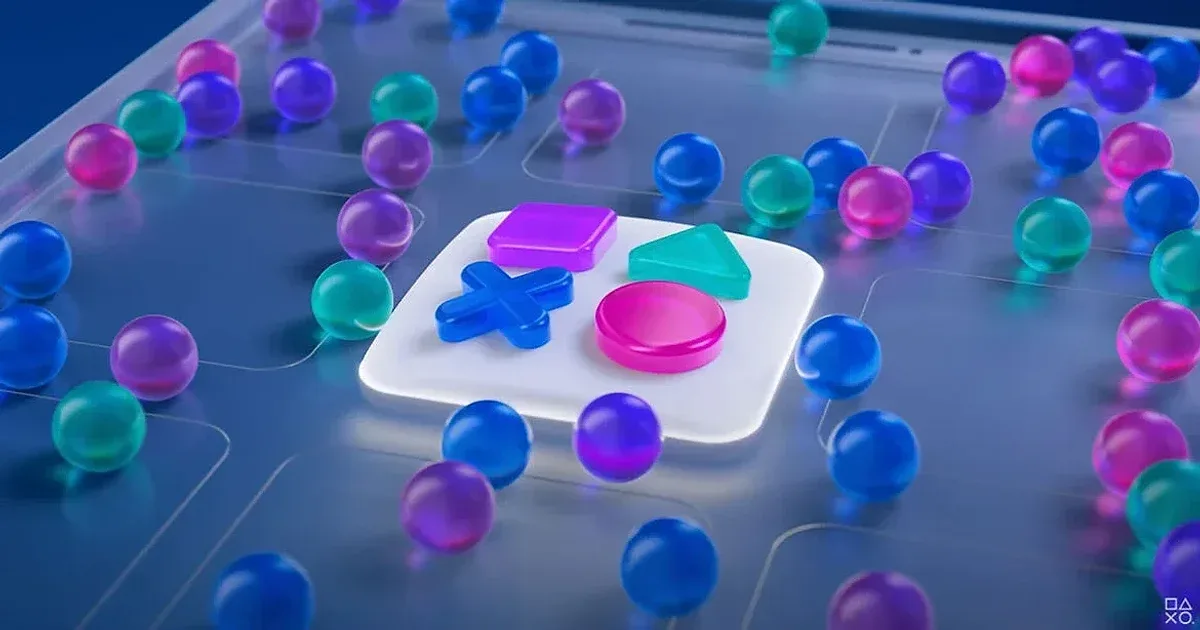 Interfaz digital de la PlayStation Family App rodeada de esferas de colores brillantes.