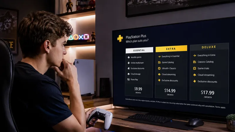 PS Plus Essential vs Extra vs Premium: gamer con mando DualSense comparando los planes de PlayStation Plus en la TV