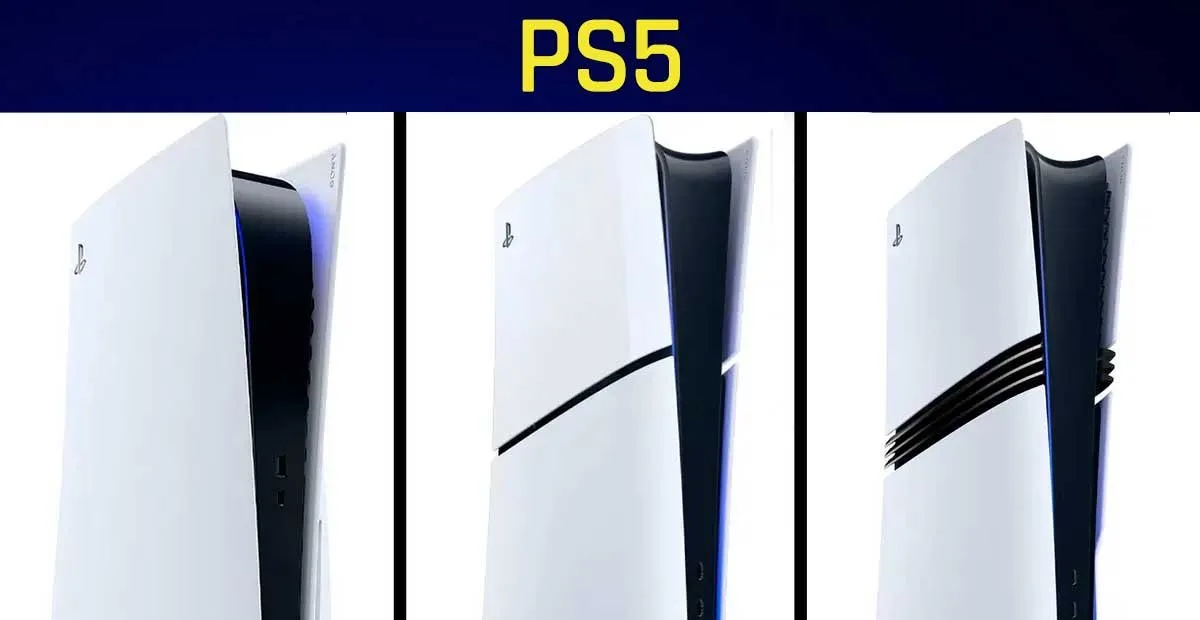 Comparativa de las tres versiones de PS5: original, Slim y Pro, en blanco y negro, de perfil.