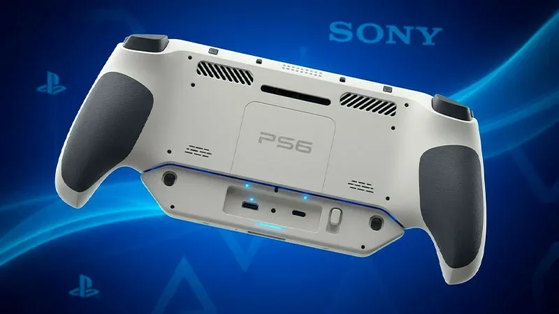 Mando portátil PS6 de Sony, vista trasera en blanco con detalles grises y luz LED azul.
