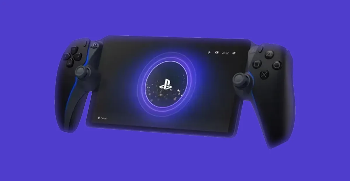 PlayStation Portal en negro con pantalla encendida mostrando el logo de PlayStation y luz púrpura