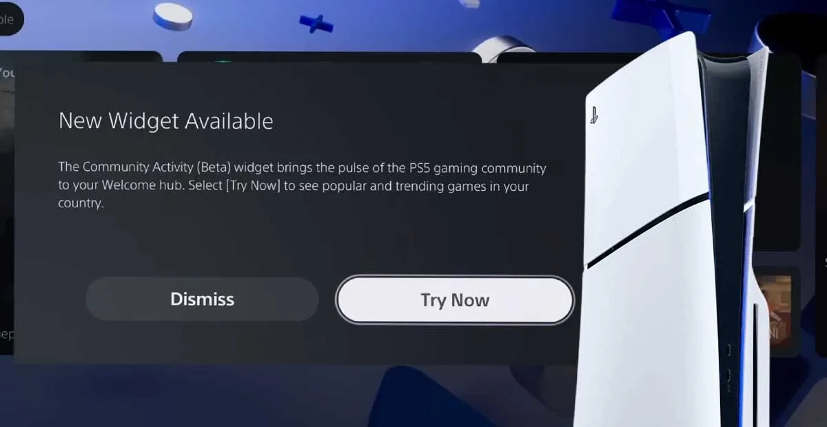 Popup announcing a 'New Widget Available' on the PlayStation UI, describing the Community Activity (Beta) widget; actions: Dismiss and Try Now, with a PS5 console visible on the right.