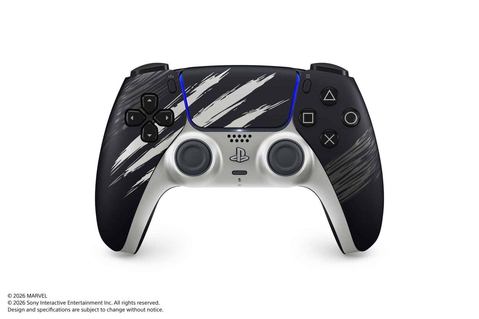 Mando DualSense de la PS5 de Wolverine en negro y plateado con zarpazos de adamantium