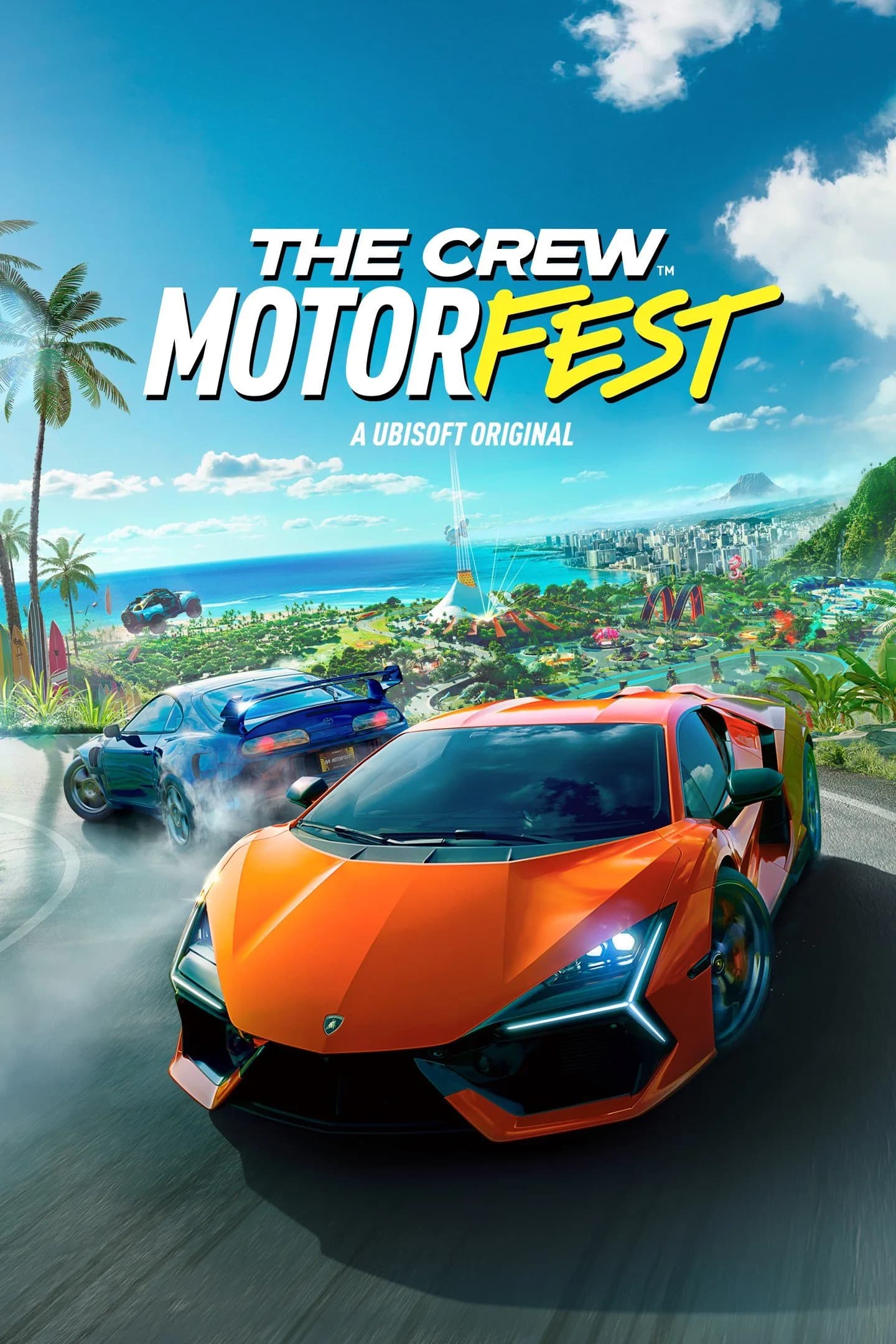 Portada de The Crew Motorfest: Lamborghini naranja y Toyota Supra drifting en Hawái. Ubisoft Original.