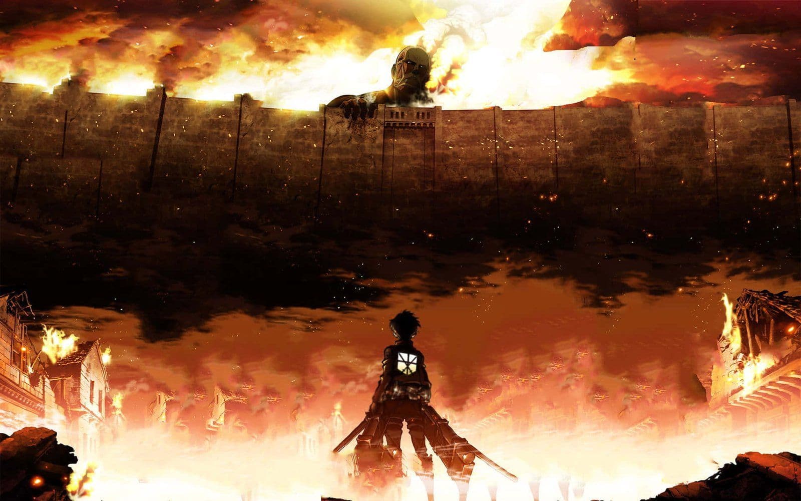 Eren frente al Titán Colosal sobre el muro en llamas, arte oficial de Attack on Titan