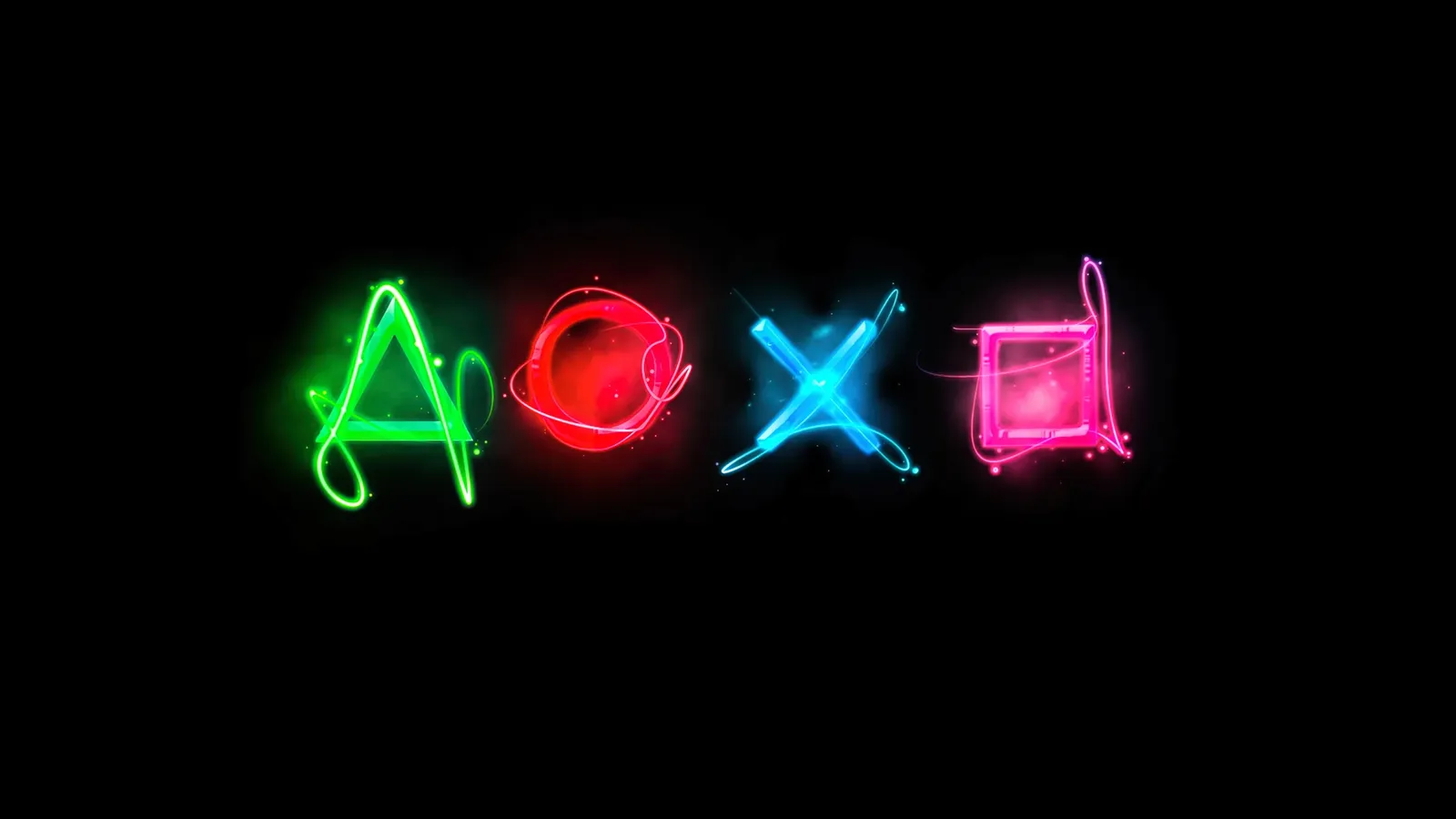Botones de PlayStation en neón: triángulo verde, círculo rojo, cruz azul y cuadrado rosa sobre fondo negro.