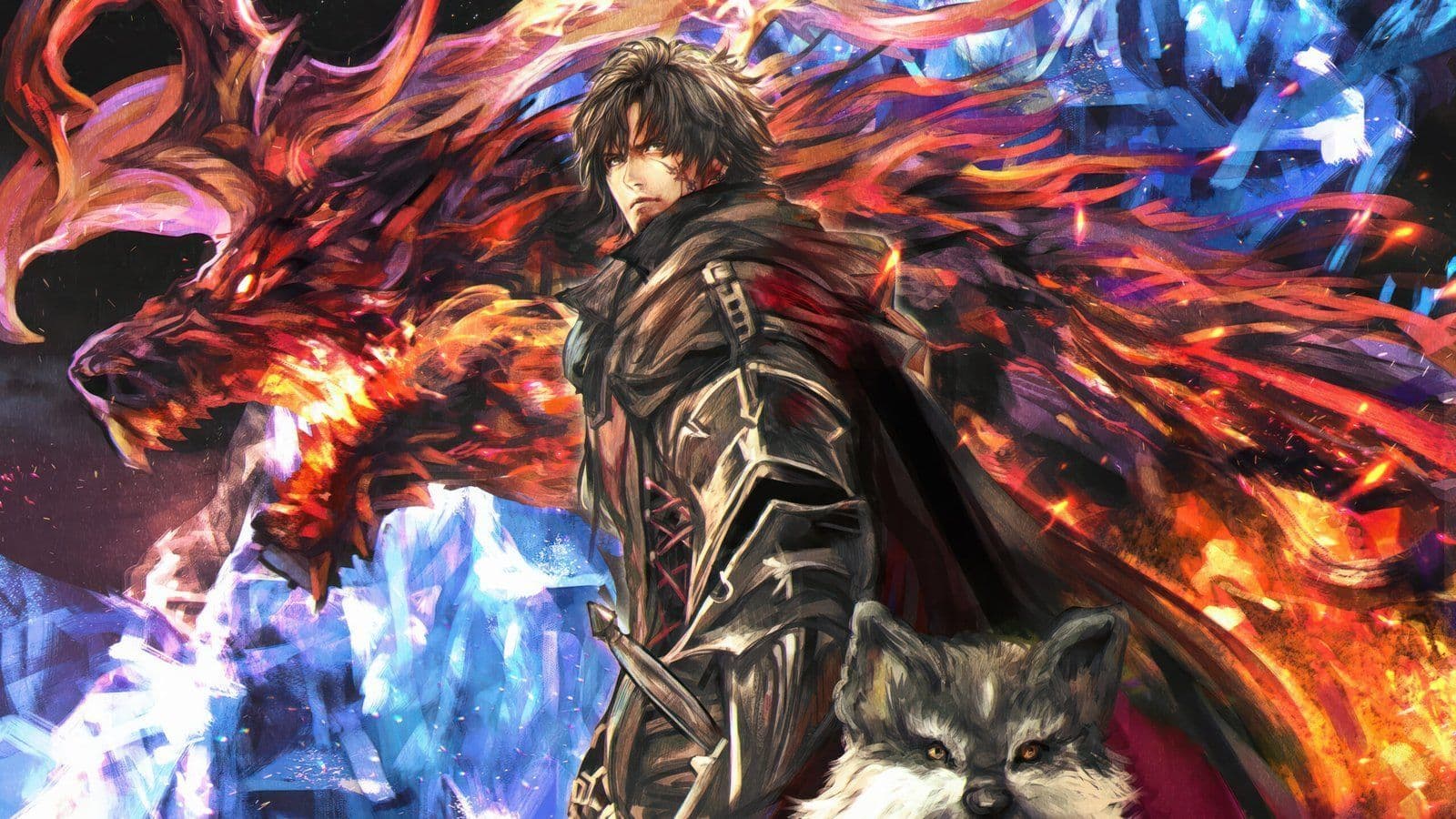 Arte de Clive Rosfield en Final Fantasy XVI con armadura oscura, fénix de fuego y lobo blanco a su lado.