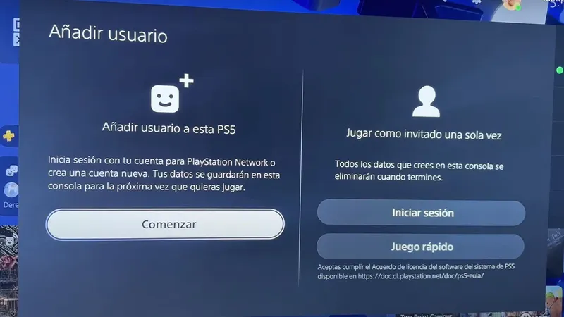 Pantalla PS5 "Añadir usuario": opciones para crear cuenta PSN o jugar como invitado con "Juego rápido