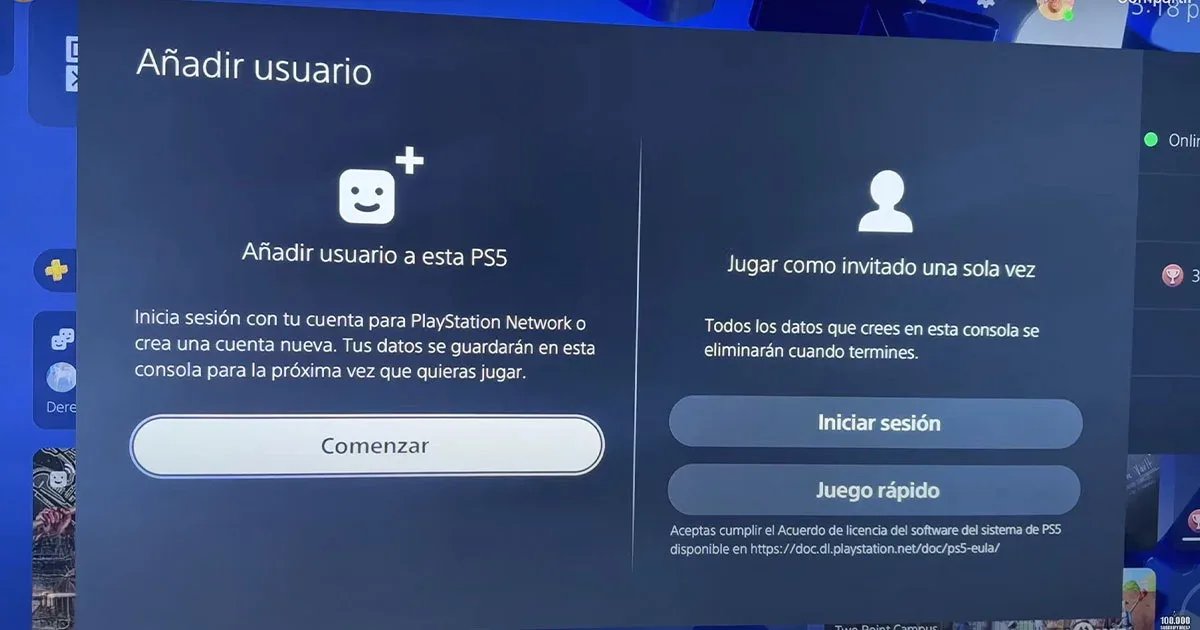 Pantalla PS5 "Añadir usuario": opciones para crear cuenta PSN o jugar como invitado con "Juego rápido