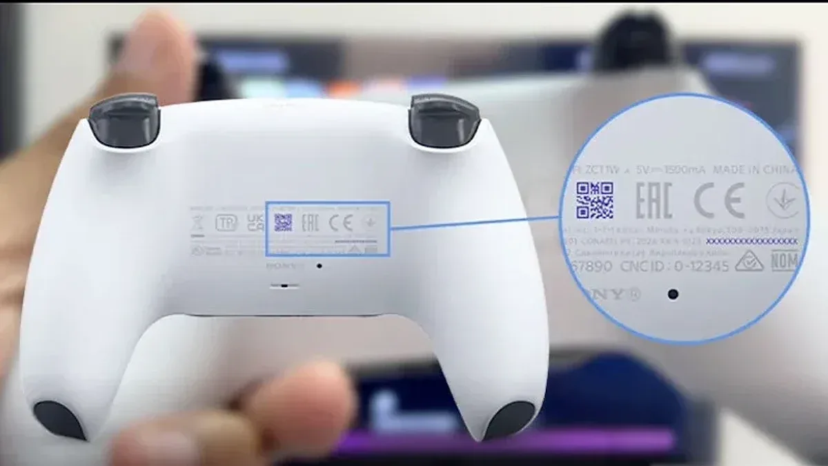 Reverso del mando DualSense PS5 blanco mostrando etiqueta con sellos EAC, CE y QR code de verificación de autenticidad.