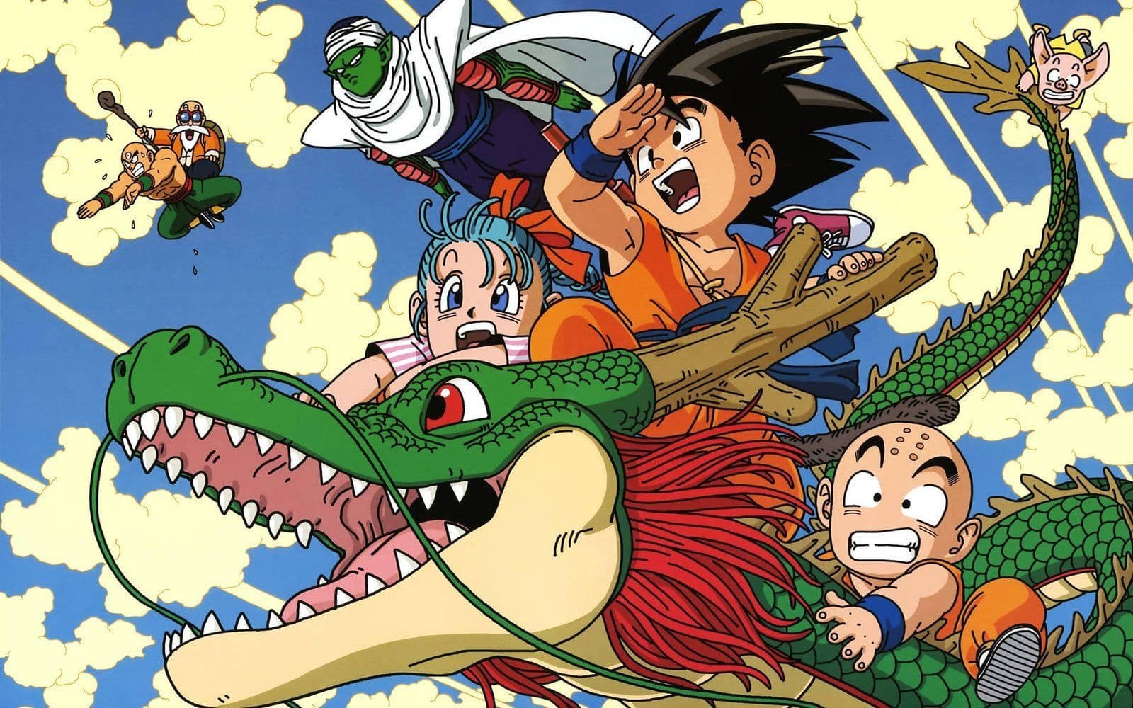 Goku, Bulma, Krilin y Piccolo montando a Shenron en el cielo, arte clásico de Dragon Ball Z