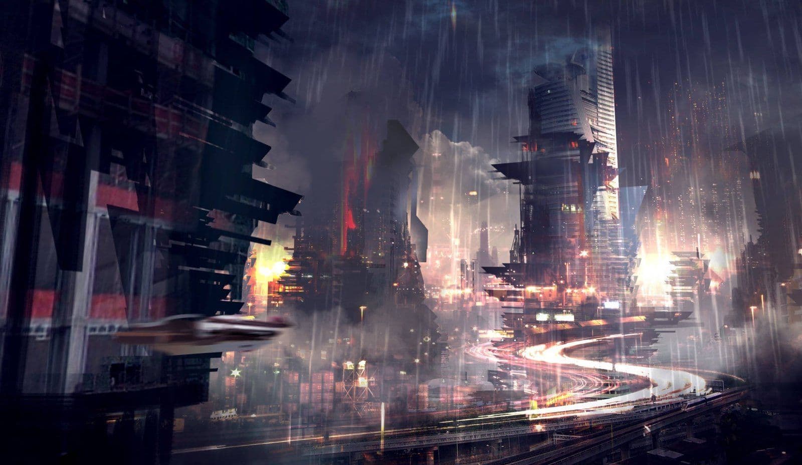 Ciudad cyberpunk futurista bajo lluvia intensa con rascacielos, vehículos voladores y luces de tráfico en espiral