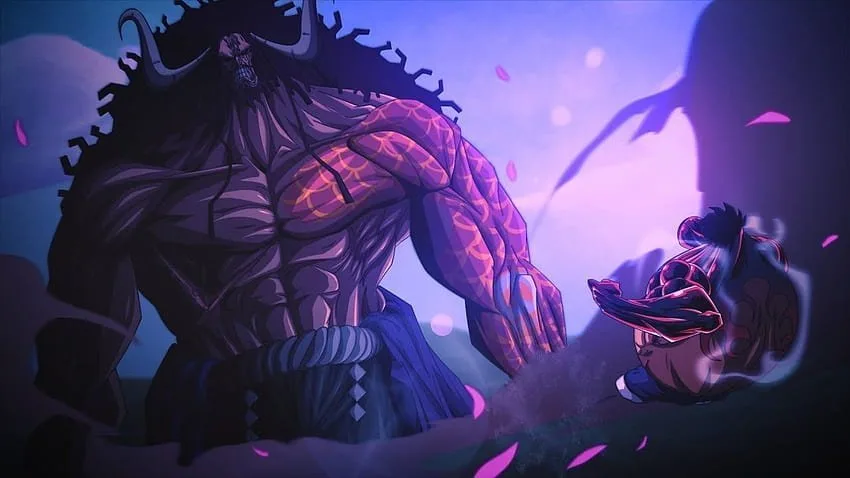 Batalla épica entre Kaido en forma de bestia y Luffy en One Piece, fondo morado con pétalos de sakura