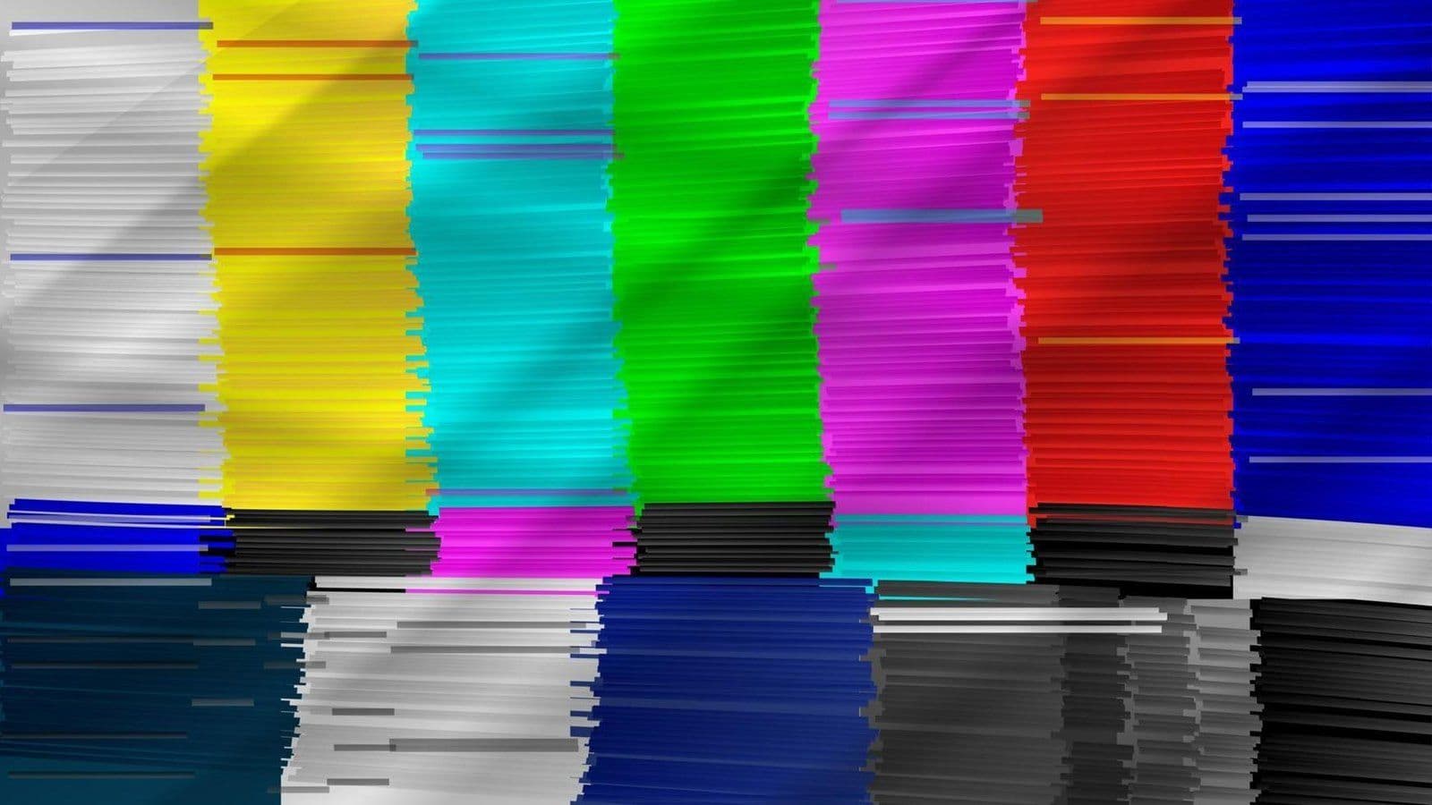 Barras de color TV con efecto glitch y distorsión digital, simulando señal perdida en estilo retro gaming