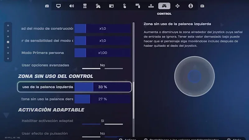 Menú de control PS5 en Fortnite mostrando zona sin uso de la palanca izquierda al 33% para evitar drift