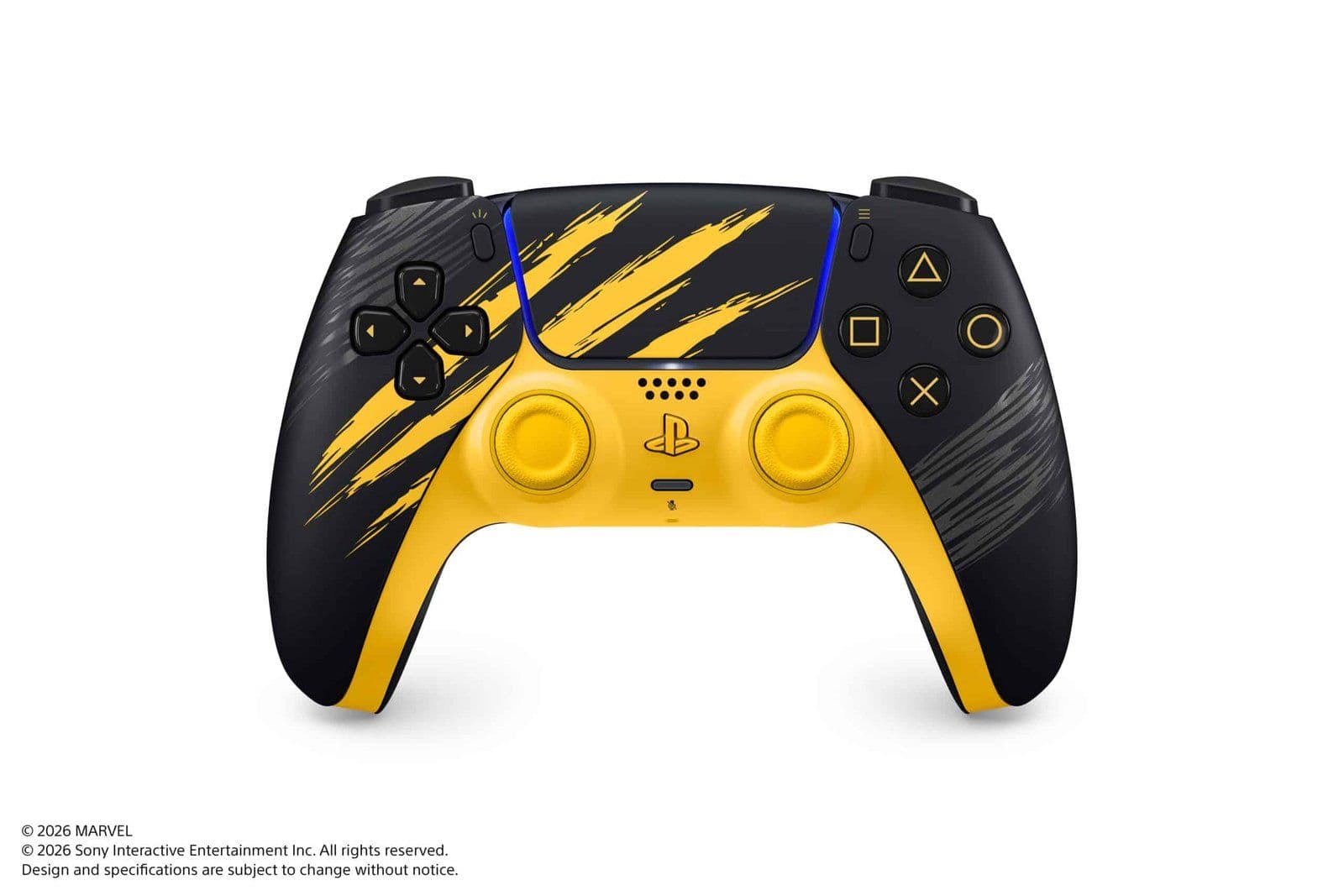 Mando DualSense de la PS5 de Wolverine en amarillo y negro con zarpazos