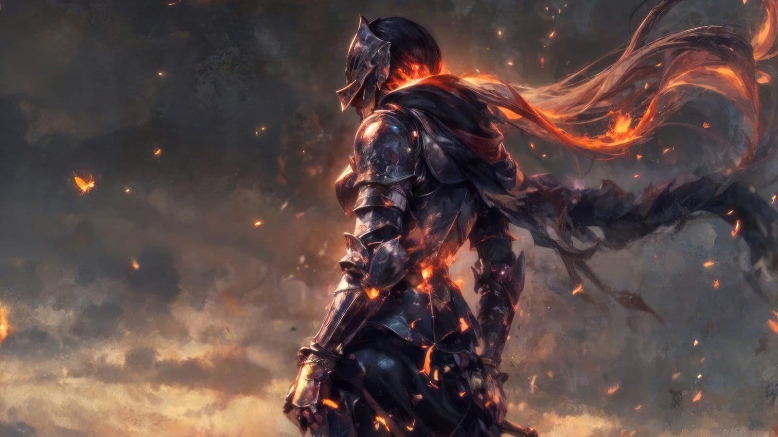 Caballero oscuro con armadura ígnea y capa en llamas en paisaje apocalíptico, arte de Elden Ring o Dark Souls