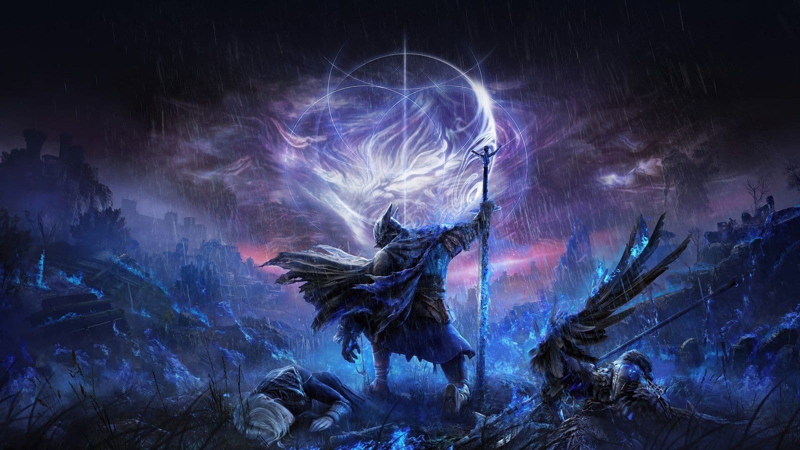 Arte oficial de Elden Ring Nightreign: guerrero oscuro con espada luminosa azul ante un dragón espectral bajo la lluvia.