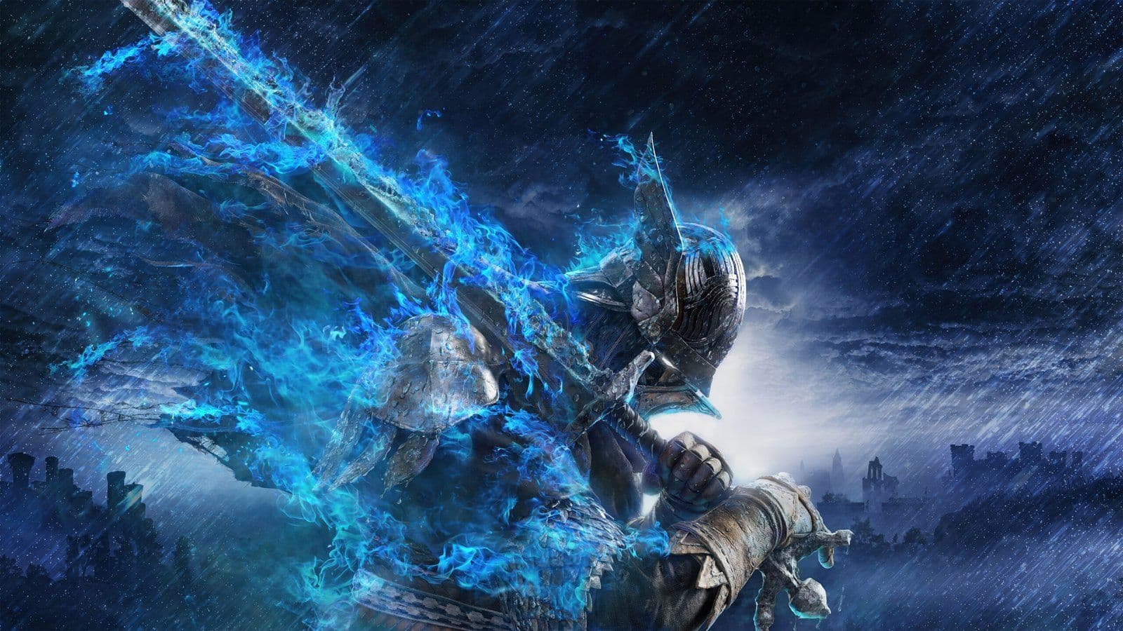 Caballero con armadura envuelto en llamas azules bajo tormenta nocturna, arte de Elden Ring Nightreign