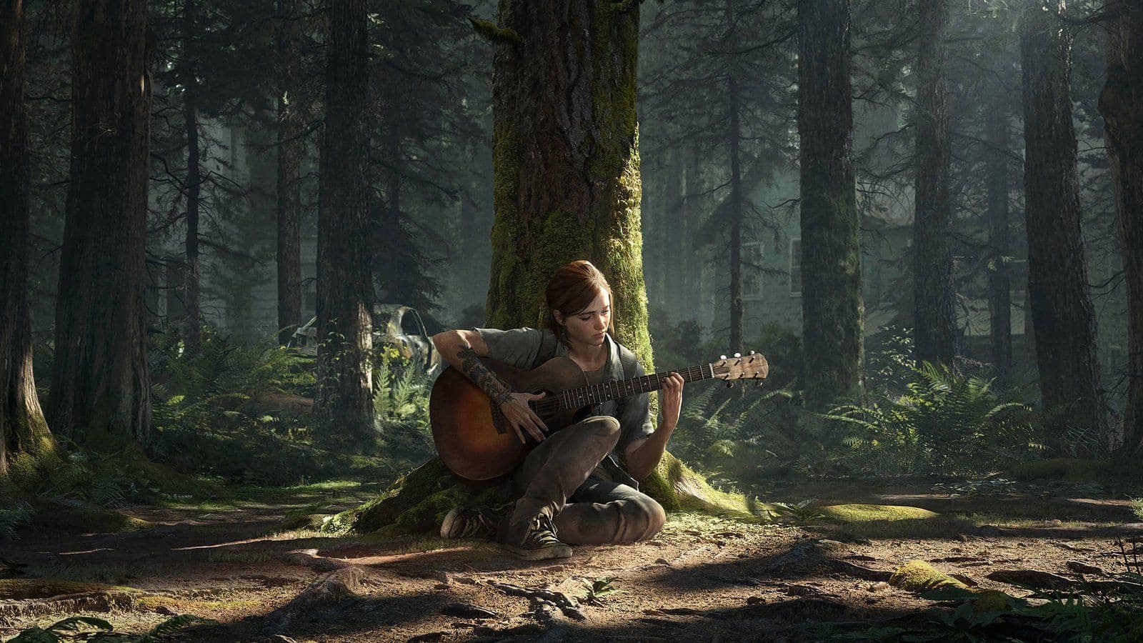 Ellie tocando la guitarra acústica en un bosque sombrío en The Last of Us Part II