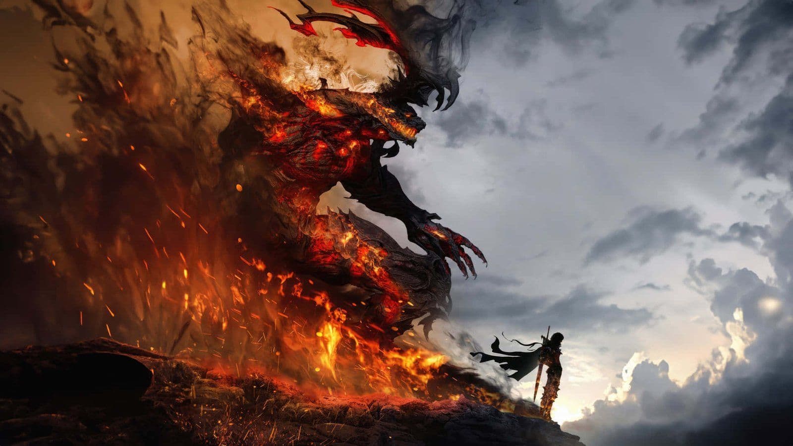 Guerrero enfrentando a un dragón de fuego colosal en Final Fantasy XVI, con llamas y cenizas en un paisaje épico.