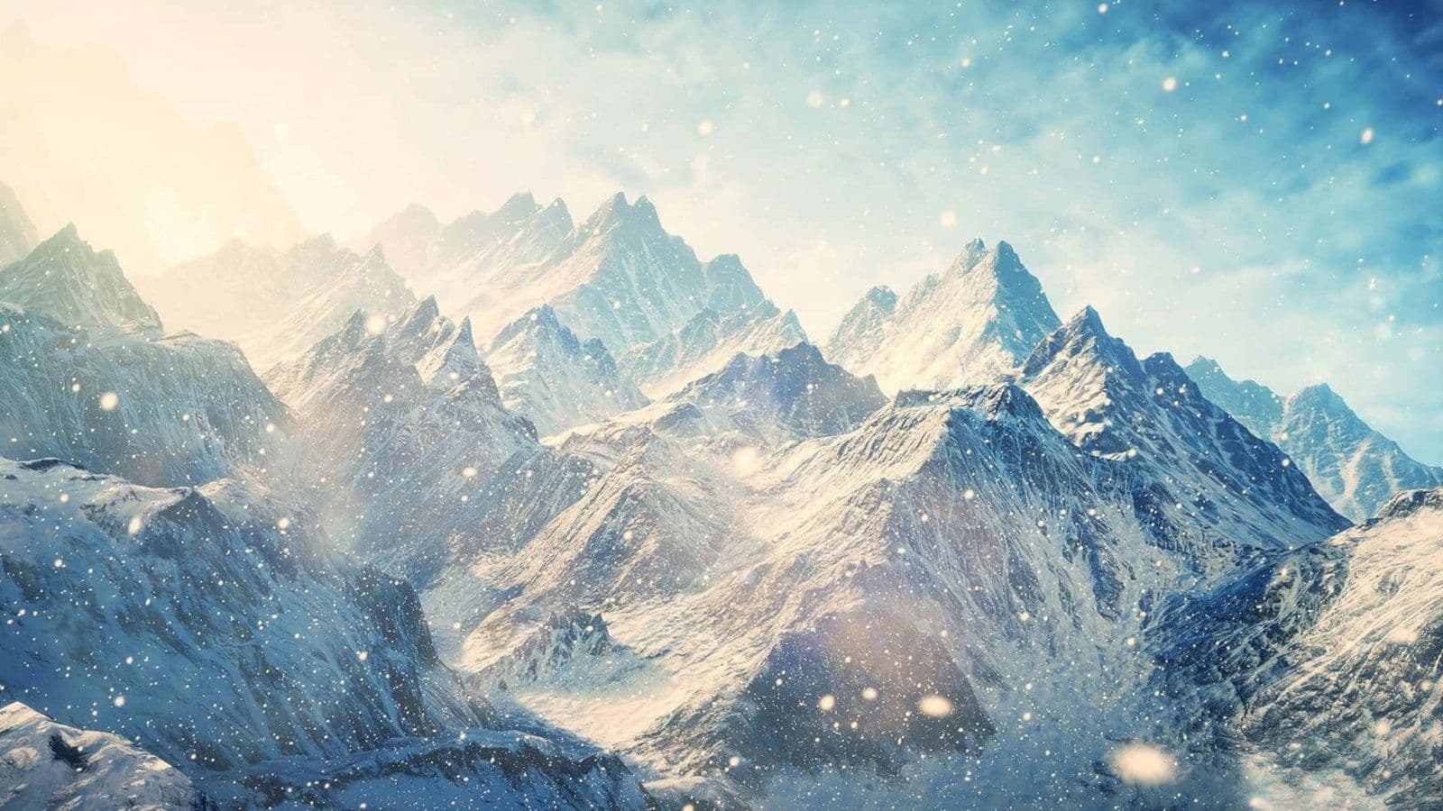 Fondo de montañas nevadas con ventisca y luz solar, paisaje invernal épico estilo videojuego para PlayStation