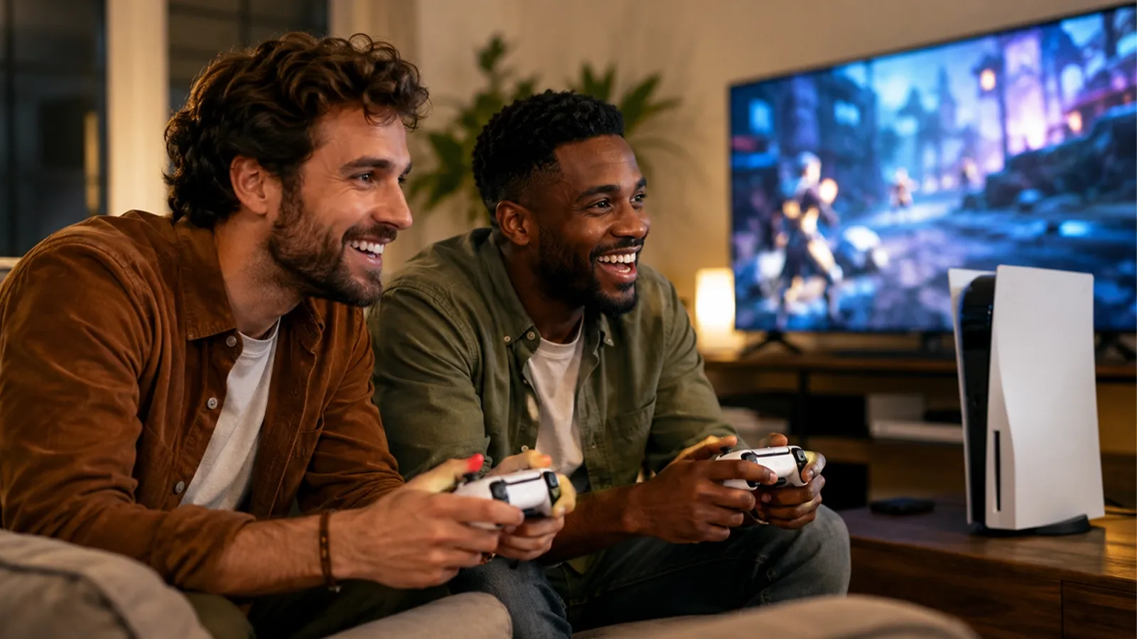 Dos amigos jugando juntos en PS5 y disfrutando de sus juegos compartidos.