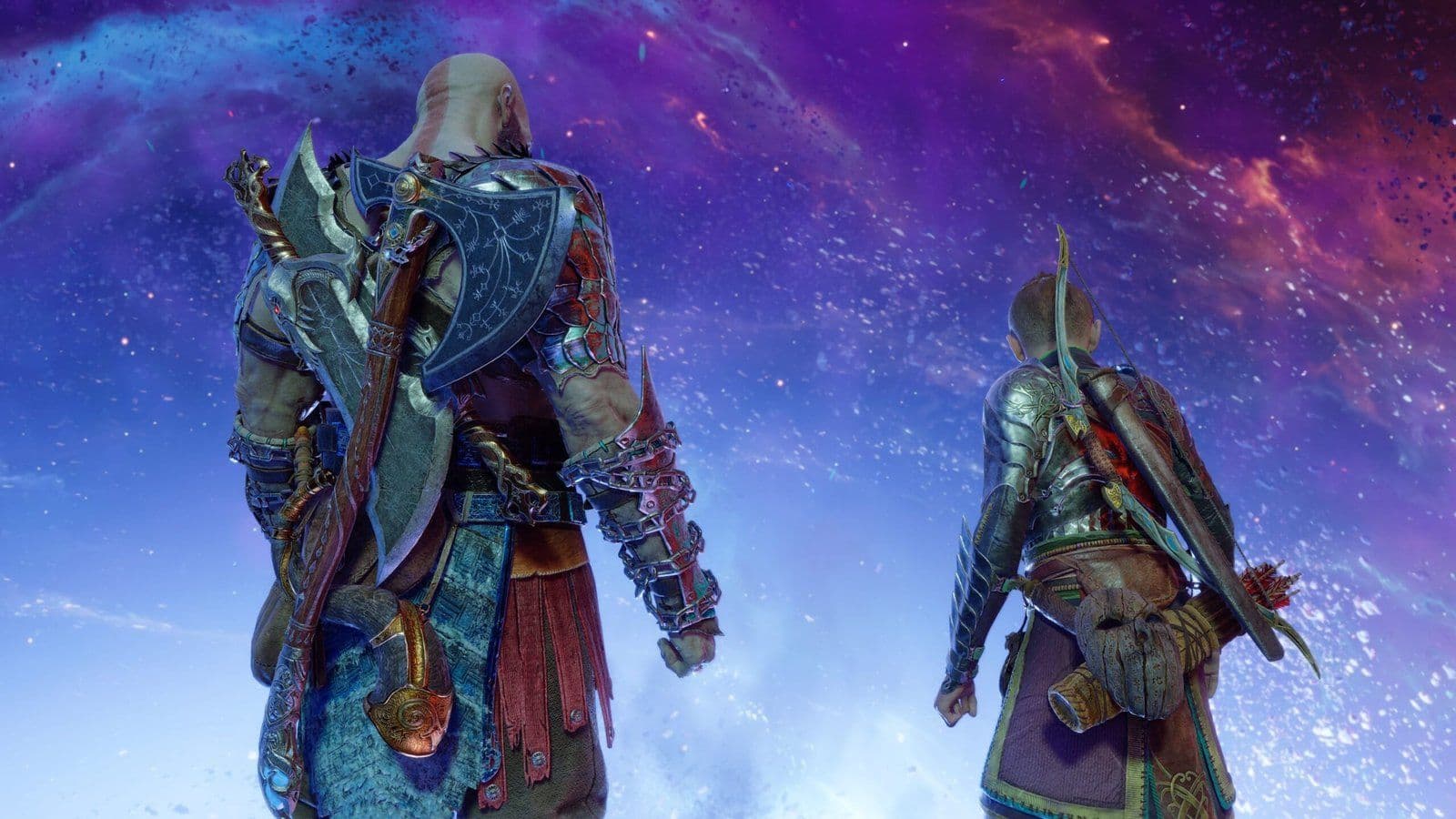 Kratos y Atreus de espaldas contemplan un cielo cósmico violeta en God of War Ragnarök
