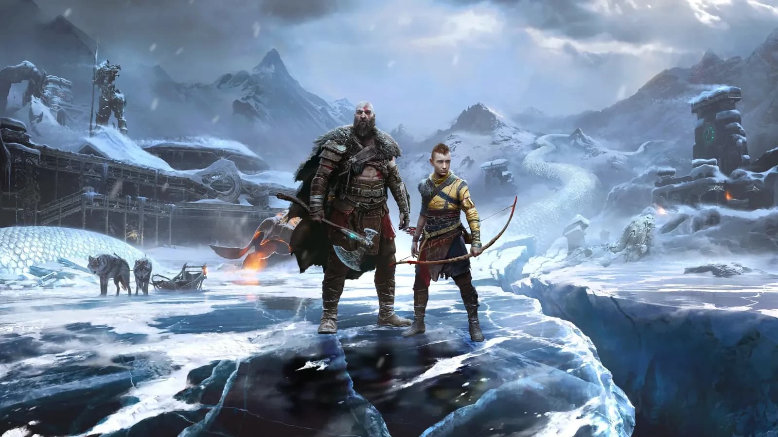 Kratos y Atreus armados en paisaje nevado nórdico de God of War Ragnarök, con lobos y ruinas al fondo.