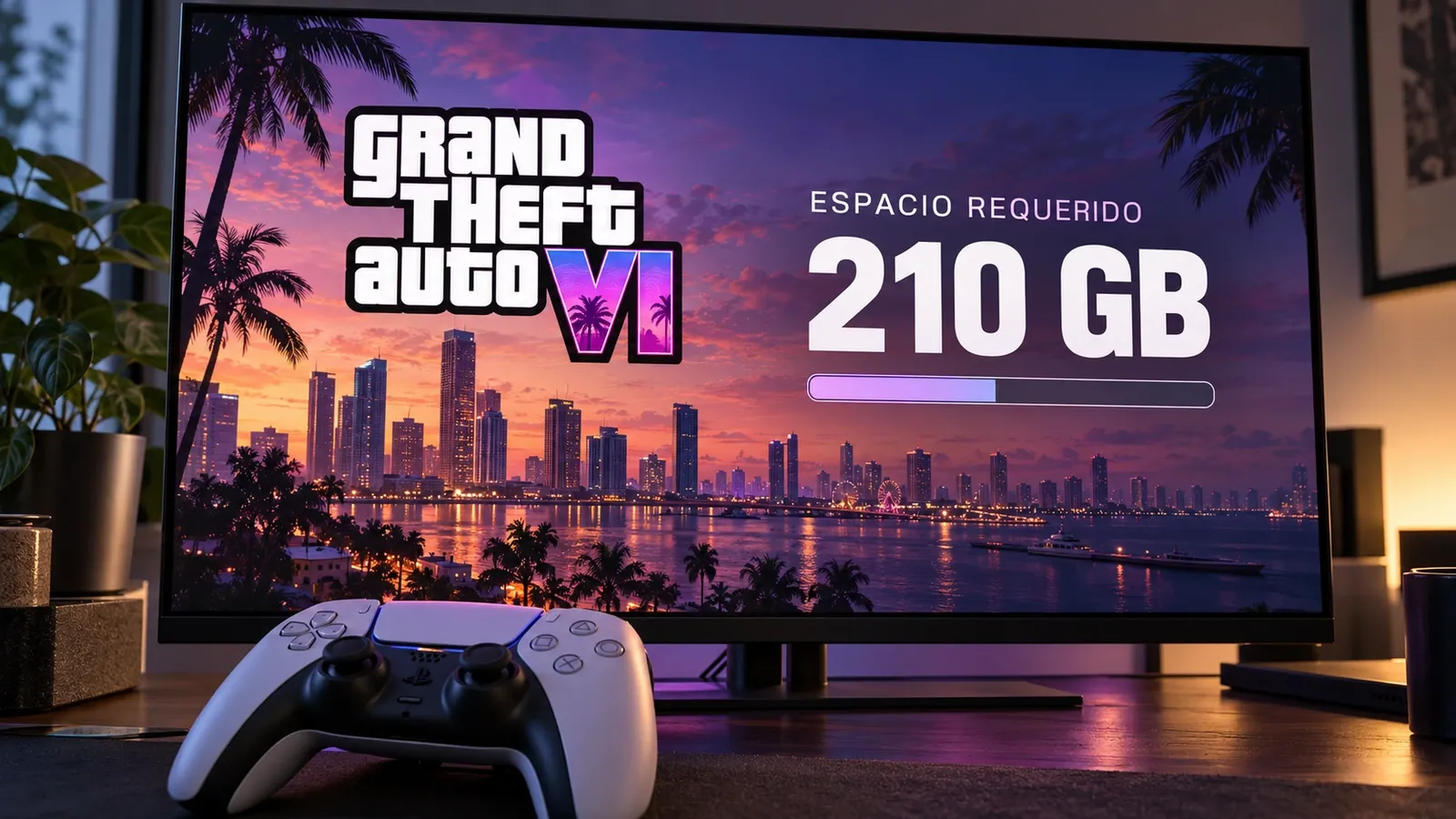 Imagen ilustrativa de GTA VI en una pantalla con el dato de 210 GB de almacenamiento y un control de PS5 en primer plano
