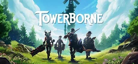 Towerborne: cuatro guerreros con máscaras en un prado verde con molino y cielo nublado