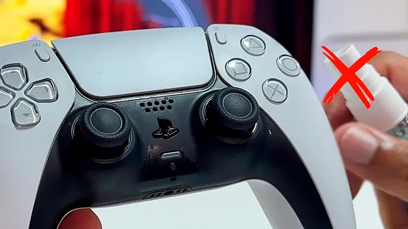 Mando DualSense de PS5 con X roja sobre spray de limpieza: cómo NO limpiar el control correctamente