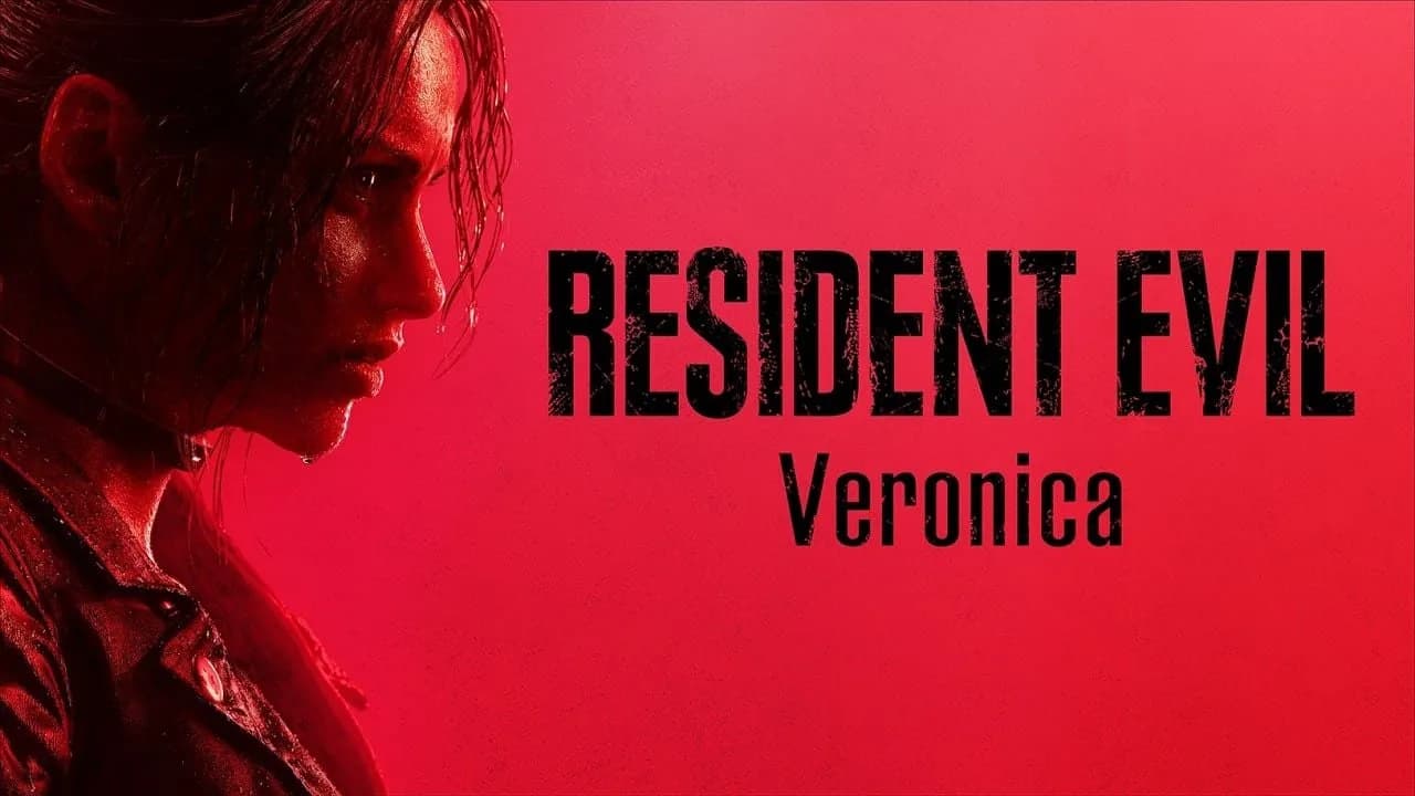 Red-tinted poster showing a woman in profile on the left with bold 'RESIDENT EVIL' text and 'Veronica' beneath on a red background.