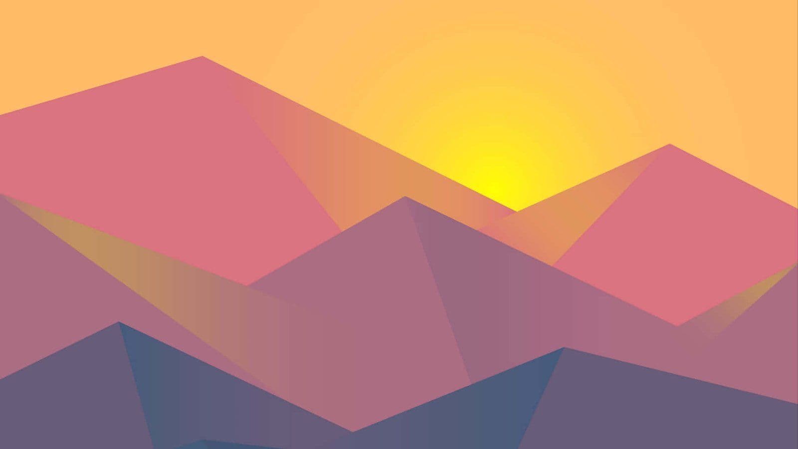 Paisaje montañoso minimalista con polígonos geométricos en tonos rosa, lila y azul bajo un cielo al atardecer amarillo.