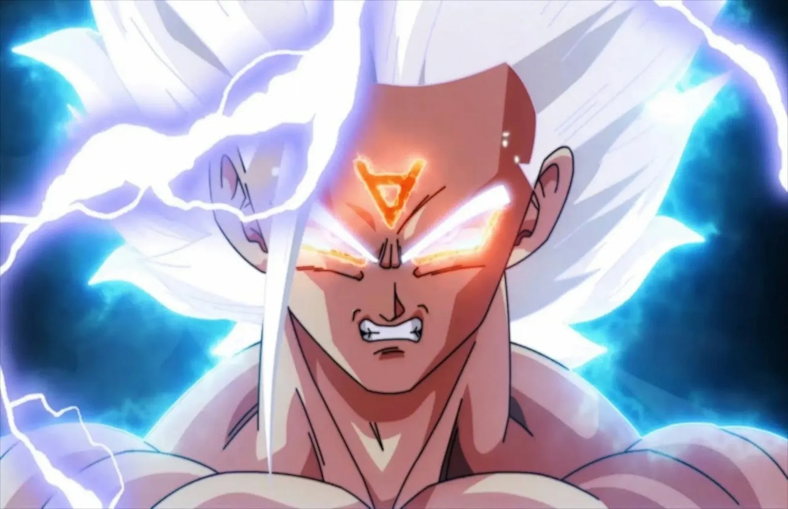 Goku Ultra Instinto Dominado con cabello blanco y ojos brillantes, rodeado de rayos de energía azul y símbolo naranja