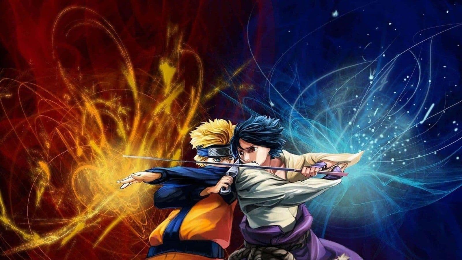 Naruto y Sasuke enfrentados con kunais, rodeados de energía naranja y azul, arte oficial de Naruto Shippuden