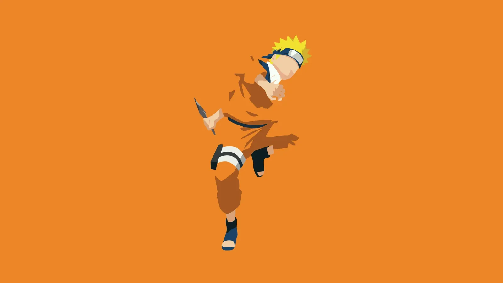 Naruto Uzumaki en arte minimalista naranja, postura de combate con kunai, traje ninja clásico y banda frontal.