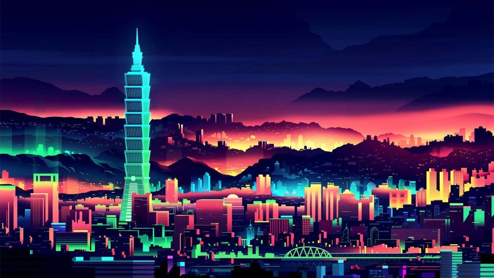 Skyline futurista de Taipei 101 iluminado con luces neón de colores, estilo pixel art cyberpunk nocturno