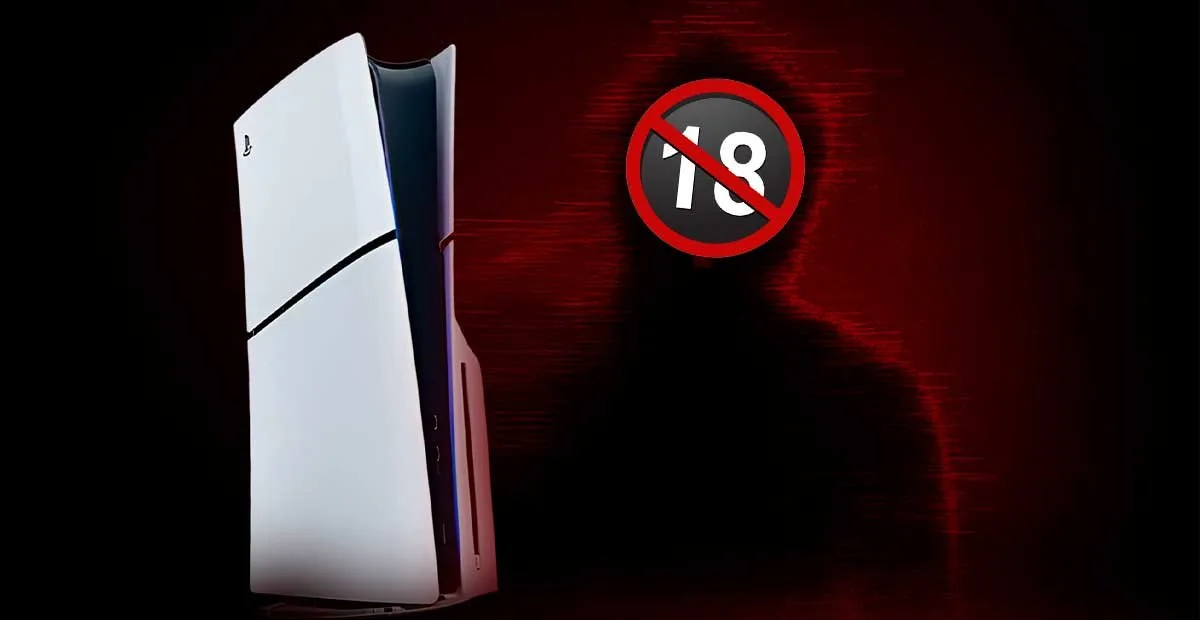 White PlayStation 5 standing upright against a dark red, black background with a red 18+ ban symbol indicating age restriction.