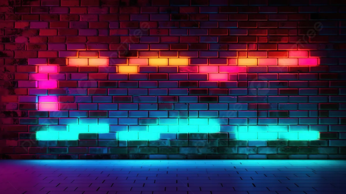 Pared de ladrillos con luces neón de colores rosa, naranja y cian, estilo retro gaming arcade.