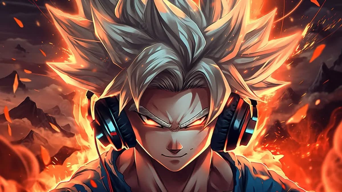Goku Ultra Instinto con auriculares gaming rodeado de llamas, estilo anime Dragon Ball Z