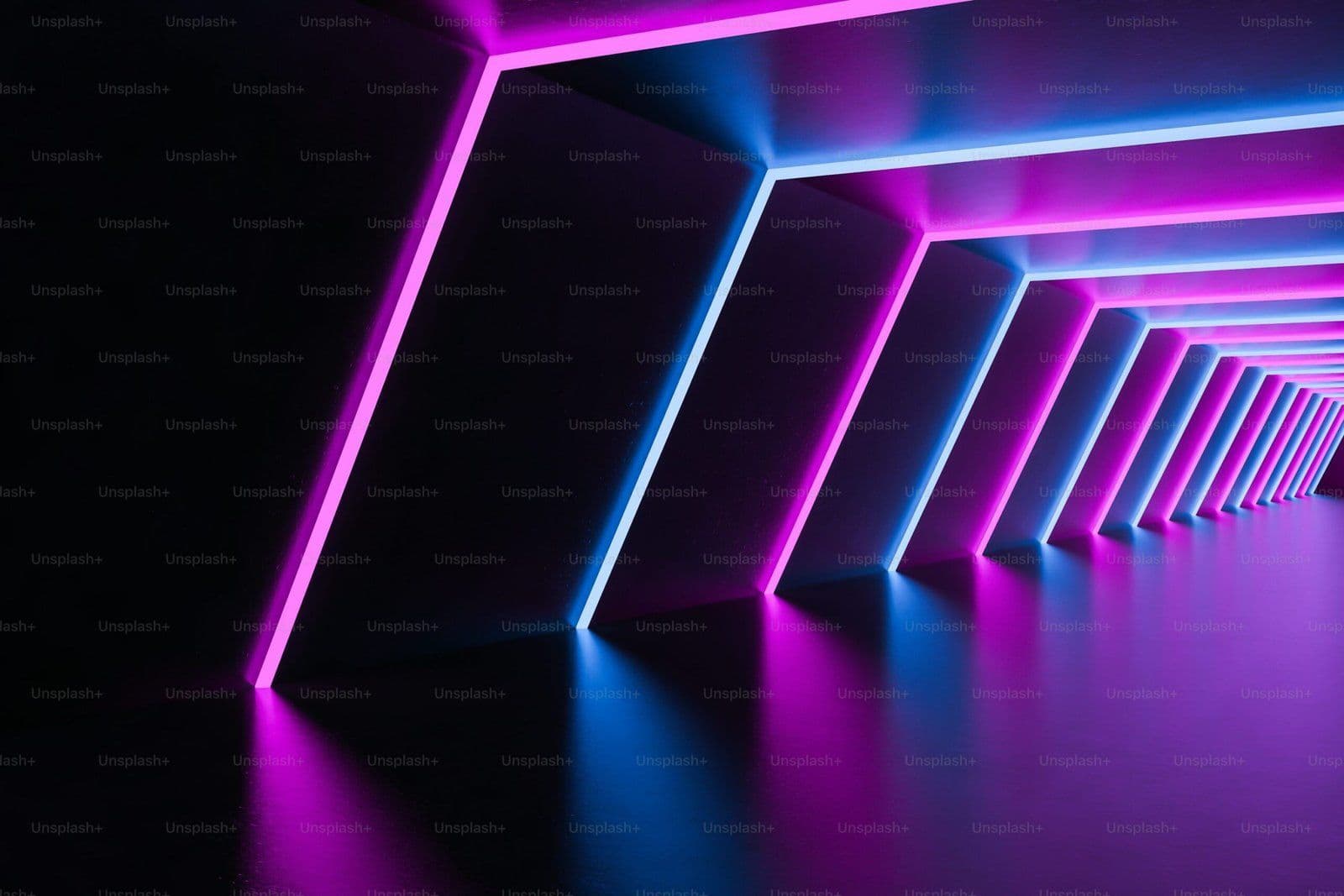 Túnel futurista con luces neón rosa y azul, estética cyberpunk ideal para gaming y PlayStation.