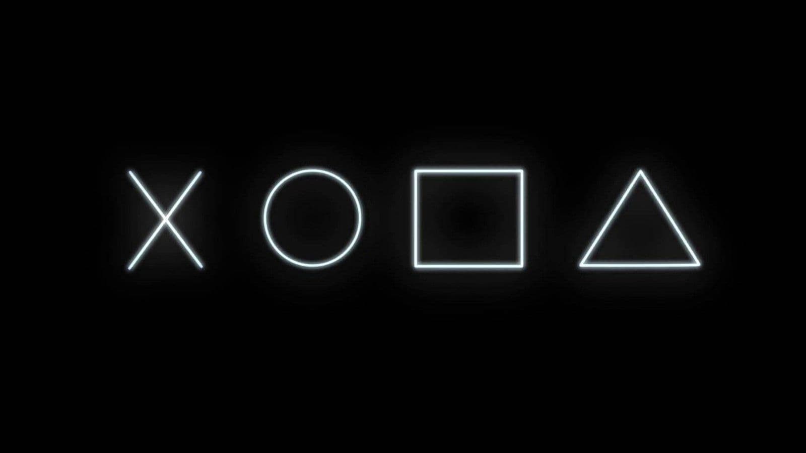 Botones del mando de PlayStation (X, O, cuadrado y triángulo) con efecto neón blanco sobre fondo negro