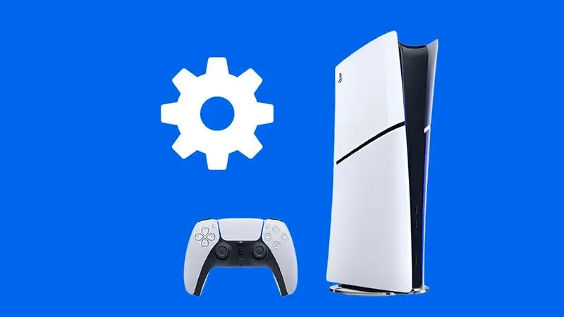 PS5 Slim con mando DualSense blanco y icono de configuración sobre fondo azul