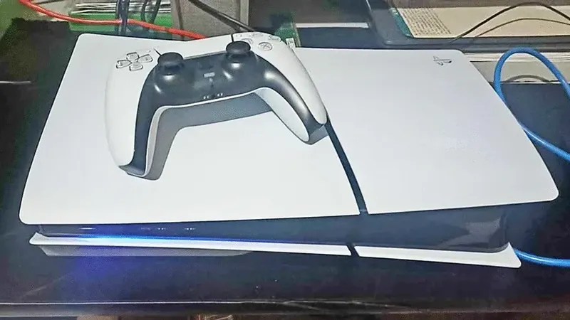 PS5 Slim en posición horizontal con mando DualSense negro y blanco encima, iluminación azul lateral encendida.