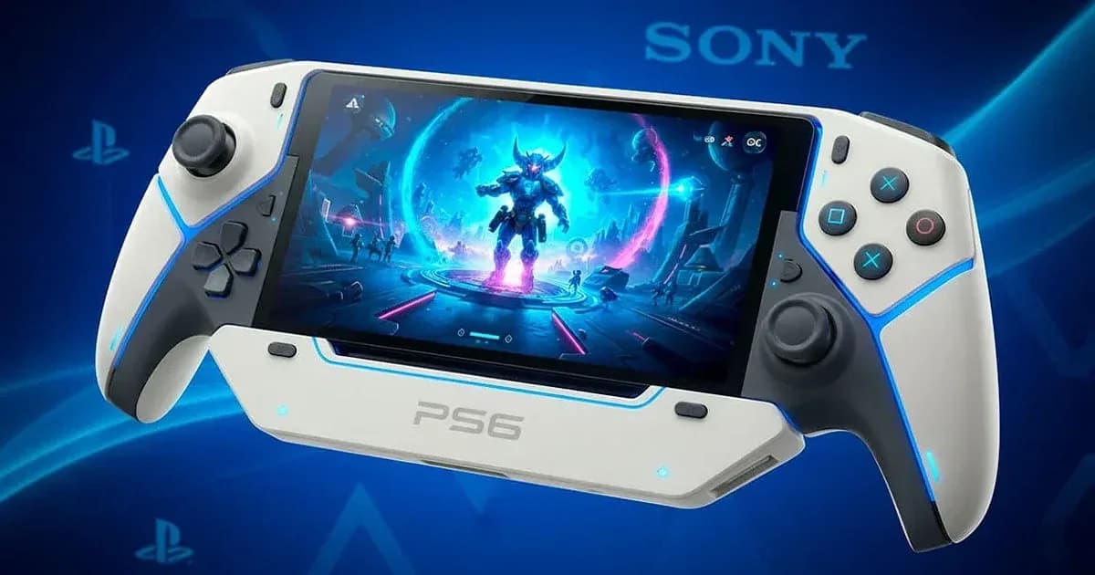 Imagen conceptual de la PS6 portátil de Sony con diseño futurista y pantalla integrada para juegos de última generación.