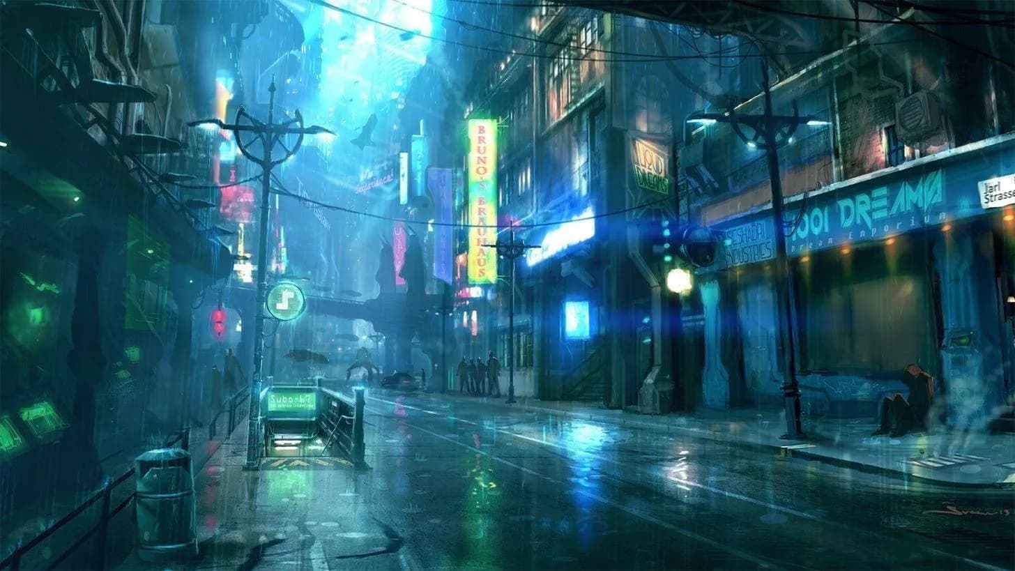 Calle cyberpunk lluviosa de noche con neones, edificios futuristas y el cartel "Bruno's Brauhaus